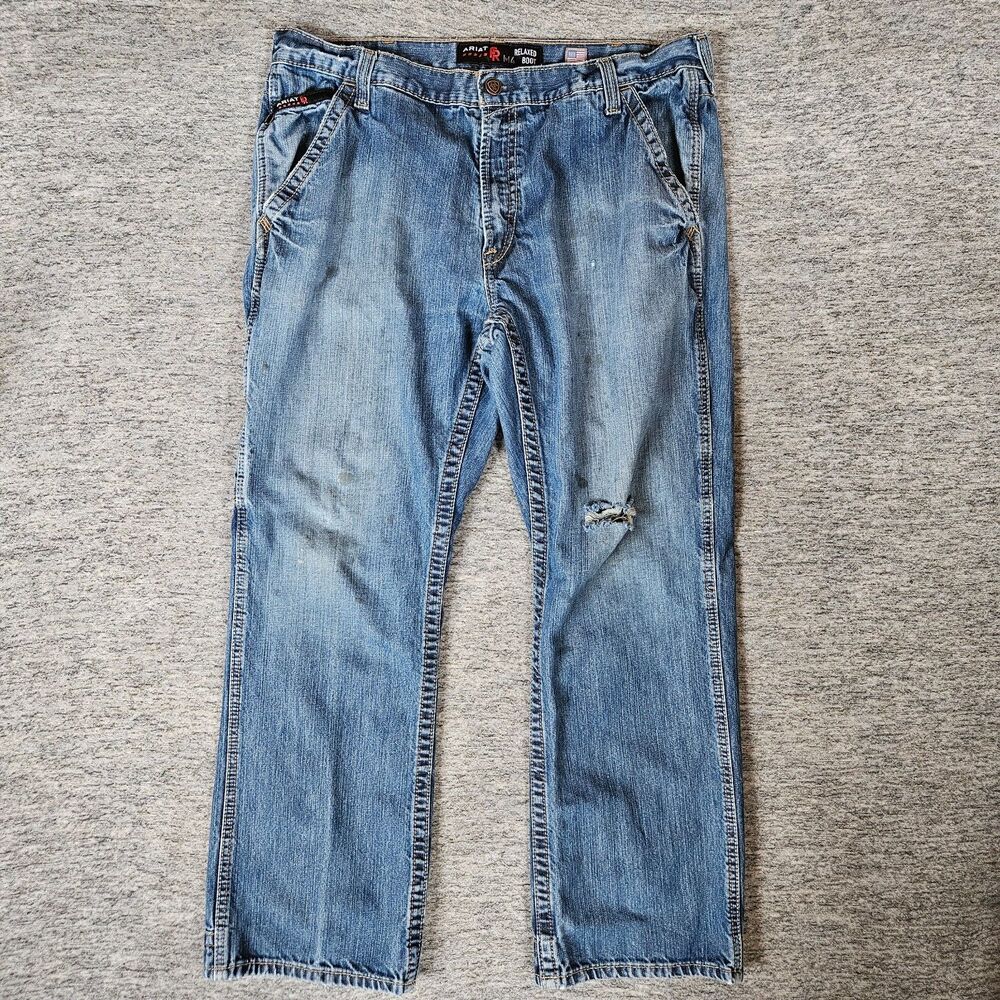 Ariat FR M4 Relaxed Boot Cut Jeans Men 38x31 Blue Flame Workwear Distressed